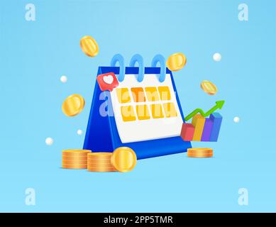 calendario 3d con monete d'oro intorno, grafico di crescita e icona del cuore isolato su sfondo gradiente. il concetto di promemoria del pagamento tempestivo dei servizi. illustrazione vettoriale 3d. Illustrazione vettoriale Illustrazione Vettoriale
