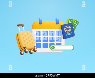 Calendario 3D con valigia, passaporto, biglietti aerei, barra di ricerca isolata sullo sfondo. Design concept per turismo e viaggi, prenotazione biglietti aerei, vacanza. Illustrazione vettoriale 3D. Illustrazione vettoriale Illustrazione Vettoriale