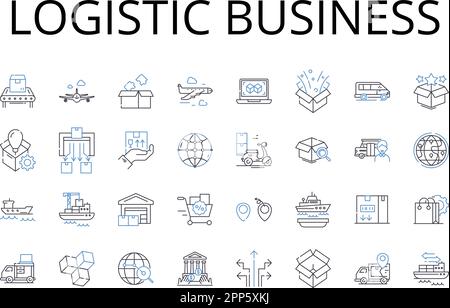 Collezione di icone della linea commerciale logistica. Gestione della supply chain, sistema di distribuzione, servizi di trasporto, gestione delle flotte, immagazzinamento Illustrazione Vettoriale