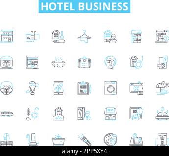 Hotel business linear icone set. Alloggio, ospitalità, Servizio, Comfort, Lusso, Viaggi, vettore di linea di stanza e segnali di concetto. Prenotazione Illustrazione Vettoriale