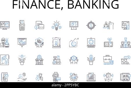 Finanza, collezione di icone della linea bancaria. Contabilità, investimenti, la mia gestione, Economia, finanziamenti, Capitale, vettore di attività e illustrazione lineare Illustrazione Vettoriale