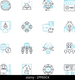 Set di icone lineari per il raggiungimento online. Coinvolgimento, coinvolgimento, social media, collaborazione, comunità, Consapevolezza, vettore di linea di impatto e segnali concettuali Illustrazione Vettoriale