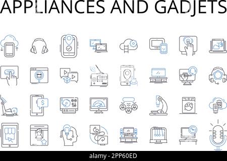 Apparecchi e collezione di icone della linea gadjets. Dispositivi, macchine, tecnologia, attrezzi, attrezzatura, Gadget, utilità vettoriale e illustrazione lineare Illustrazione Vettoriale