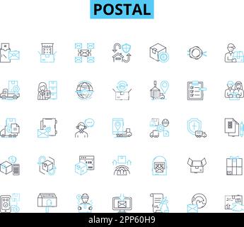 Set di icone lineari postali. Buste, pacchi, francobolli, cassette postali, lettere, Postmark, vettore di linea Couriers e segnali concettuali. Consegna,Cartoline Illustrazione Vettoriale