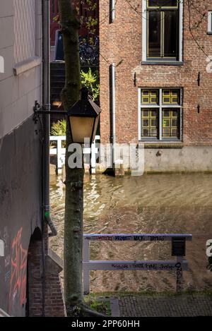 02 aprile 2023, Utrecht, Paesi Bassi, edifici tradizionali olandesi e vista sulla strada intorno ai bellissimi canali della città di Utrecht, provincia di Utrecht Foto Stock