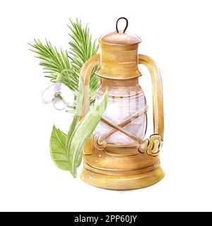 Lanterna da campeggio, lampada, acquerello composizione sul tema del campeggio, turismo, escursioni in montagna per creare un design. Vecchia lampada kerosene mano dra Foto Stock
