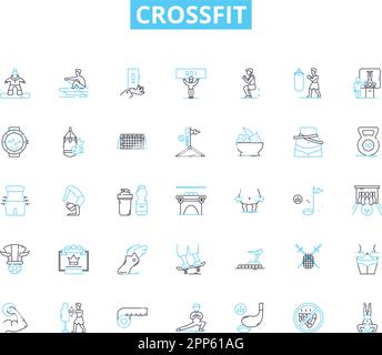 Icone lineari CrossFit impostate. WOD, Box, Rep., AMRAP, EMOM, Kipping, vettore di linea di intensità e segnali concettuali. Muscolo-aumenta, spintori, pulisce il contorno Illustrazione Vettoriale