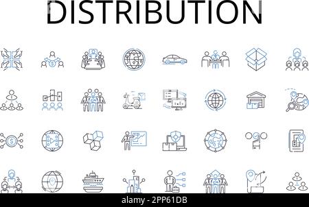 Raccolta di icone della linea di distribuzione. Dispensazione, assegnazione, consegna, assegnazione, ripartizione, Provisioning, vettore della catena di fornitura e lineare Illustrazione Vettoriale