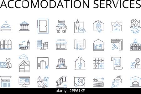 Servizi di alloggio linea icone collezione. Strutture ricettive, possibilità di alloggio, affitti di camere, servizi di shelter, abitazioni di imbarco, Servizi di ospitalità Illustrazione Vettoriale