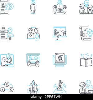 Set di icone lineari per la formazione aziendale. Sviluppo, crescita, apprendimento, successo, lavoro di squadra, Adattabilità, vettore di linea di comunicazione e segnali concettuali Illustrazione Vettoriale
