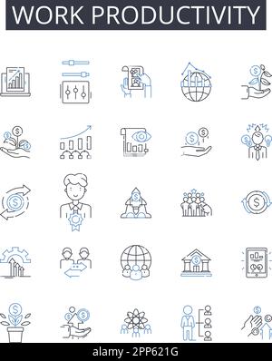 Raccolta di icone della linea di produttività del lavoro. Gestione del tempo, efficienza del lavoro, completamento delle attività, qualità dell'output, percentuale di prestazioni, Quantità di output Illustrazione Vettoriale