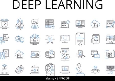 Raccolta di icone della linea di apprendimento profondo. Intelligenza artificiale, apprendimento automatico, scienza dei dati, visione informatica, elaborazione del linguaggio naturale, Cognitivo Illustrazione Vettoriale