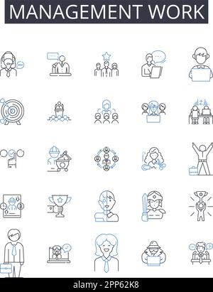 Raccolta di icone della linea di lavoro di gestione. Coordinamento collaborazione, supervisione, delega, governance amministrativa, direzione Illustrazione Vettoriale