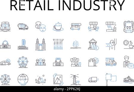 Collezione di icone della linea del settore retail. Settore pubblicitario, settore della moda, settore bancario, settore edile, scena del gioco, Film business, Salute Illustrazione Vettoriale