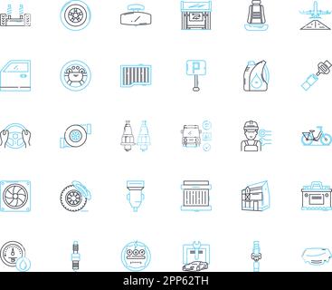 Set di icone lineari per soluzioni di trasporto. Pendolari, mobilità, logistica, carpooling, trasporti, Routing, vettore linea di consegna e segnali concettuali. Trasporto Illustrazione Vettoriale