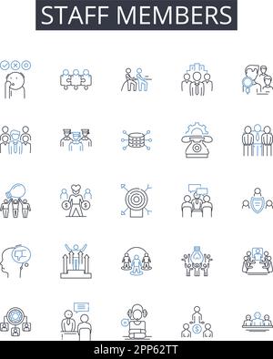 Raccolta di icone della linea dei membri dello staff. Personale della facoltà, team dell'equipaggio, membri della banda, lavoratori dell'azienda, personale dell'ufficio, Personale di supporto, vettore del personale docente e. Illustrazione Vettoriale
