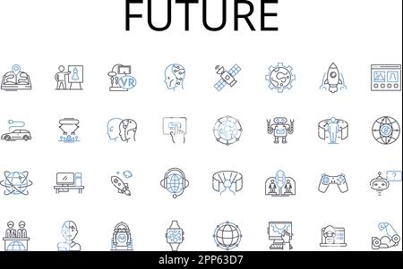 Collezione futura di icone di linea. Destiny, domani, Outlook, prospettive, orizzonte, Time Ahead, vettore di eventualità e illustrazione lineare. Di seguito Illustrazione Vettoriale