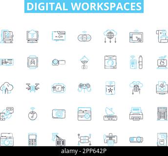 Set di icone lineari per aree di lavoro digitali. Produttività, collaborazione, innovazione, accessibilità, efficienza, Flessibilità, vettore di linea di integrazione e. Illustrazione Vettoriale