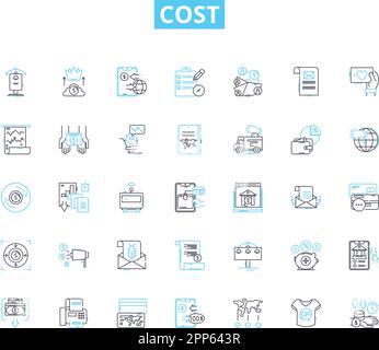 Set di icone lineari dei costi. Spese, bilancio, prezzo, valore, investimento, Worth, vettore di linea di conto e segnali di concetto. Spese, spese, costi delineati Illustrazione Vettoriale