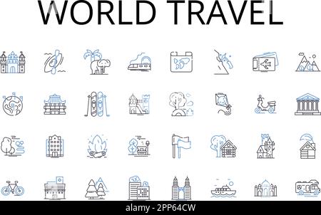 World Travel line icone collezione. Viaggio globale, avventura d'oltremare, turismo di Wanderlust, esplorazione intercontinentale, in tutto il mondo Illustrazione Vettoriale