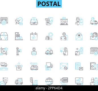 Set di icone lineari postali. Buste, pacchi, francobolli, cassette postali, lettere, Postmark, vettore di linea Couriers e segnali concettuali. Consegna,Cartoline Illustrazione Vettoriale