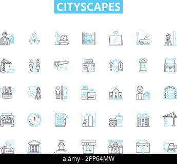 Set di icone lineari di paesaggi urbani. Vibrante, grattacieli, Urban, Skyline, affollato, Segnali di traffico, vettore di linea di energia e di concetto. Diversità, Cultura, vita notturna Illustrazione Vettoriale