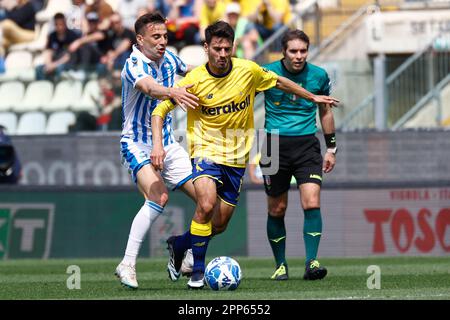 Fabio Gerli (Modena) e Gabriele Moncini (Spal) durante la Modena FC vs SPAL, partita di calcio italiana Serie B a Modena, Italia, aprile 22 2023 Foto Stock