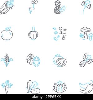 Set di icone lineari Clean Eating. Wholefoods, organico, pianta-basato, non trattato, nutriente, Nuovi segni vettoriali e concettuali idratanti. Saporito Illustrazione Vettoriale