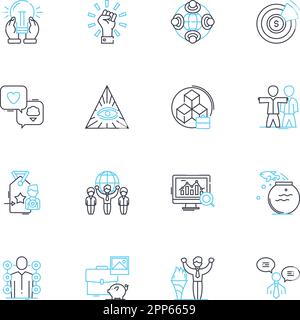 Icone lineari delle transazioni multilaterali impostate. Diplomazia, cooperazione, collaborazione, negoziazione, interdipendenza, Alleanze, vettore di linea di partnership e. Illustrazione Vettoriale
