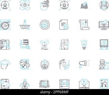 Set di icone lineari per la creazione sociale. Collaborazione, coinvolgimento, connettività, condivisione, comunità, Crowdfunding, vettore di linea innovazione e segnali concettuali Illustrazione Vettoriale