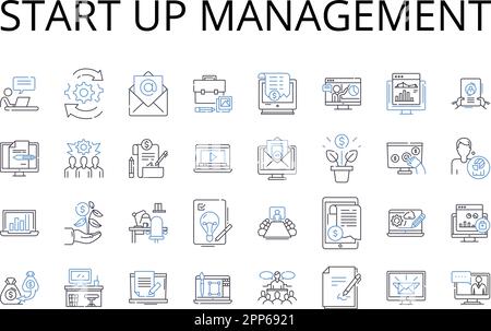 Avviare la raccolta di icone della riga di gestione. Leadership aziendale, governance aziendale, supervisione aziendale, direzione aziendale, gestione delle imprese Illustrazione Vettoriale
