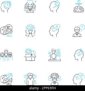 Insieme di icone lineari di guarigione cognitiva. Neuroscienze, consapevolezza, riabilitazione cognitiva, resilienza, plasticità neurale, Intelligenza emotiva, neuroplasticità Illustrazione Vettoriale