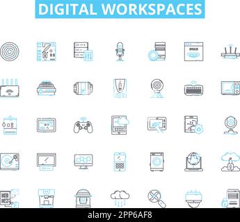 Set di icone lineari per aree di lavoro digitali. Produttività, collaborazione, innovazione, accessibilità, efficienza, Flessibilità, vettore di linea di integrazione e. Illustrazione Vettoriale