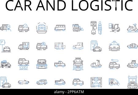 Collezione di icone per auto e linee logistiche. Veicolo e trasporto, Automobile e trasporto, camion e trasporto, bici e trasporto, furgone e. Illustrazione Vettoriale