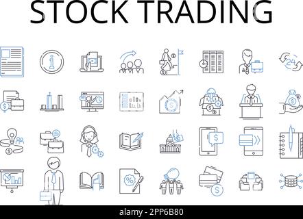 Collezione di icone della linea di negoziazione di azioni. Forex trading, fondi comuni di investimento, Commodity trading, Investment banking, Share dealing, Day trading, Portfolio Illustrazione Vettoriale