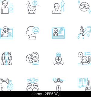 Icone lineari di connessione mente-corpo. Armonia, equilibrio, integrazione, unità, consapevolezza, Allineamento, vettore di linea di sincronismo e segnali concettuali Illustrazione Vettoriale