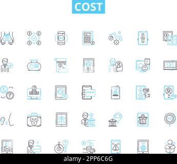 Set di icone lineari dei costi. Spese, bilancio, prezzo, valore, investimento, Worth, vettore di linea di conto e segnali di concetto. Spese, spese, costi delineati Illustrazione Vettoriale