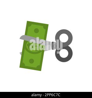 Le forbici tagliano i soldi. Concetto di distruzione di denaro Illustrazione Vettoriale