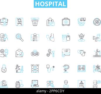 Set di icone lineari ospedaliere. Medicina, emergenza, personale, pazienti, Chirurgia, Ricupero, linea di ammissione vettore e segnali di concetto. Unità, Specialisti, Salute Illustrazione Vettoriale