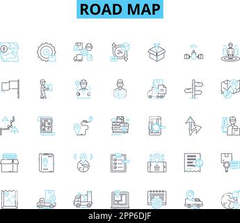 Icone lineari della mappa stradale impostate. Navigazione, indicazioni, percorsi, Pianificazione, marcature, Simboli, segni vettore di linea e segnali concettuali. Sentieri, autostrade Illustrazione Vettoriale