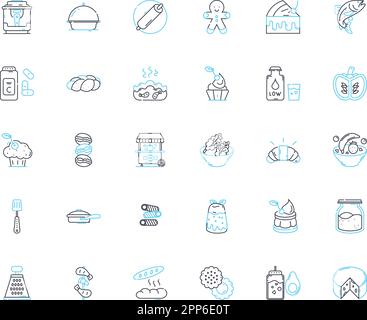 Icone lineari caffetteria set. Cibo, mensa, Eatery, Ristorante, Sala pranzo, Ristoranti, linee informali e cartelli concettuali. Buffet, bevande, bevande Illustrazione Vettoriale