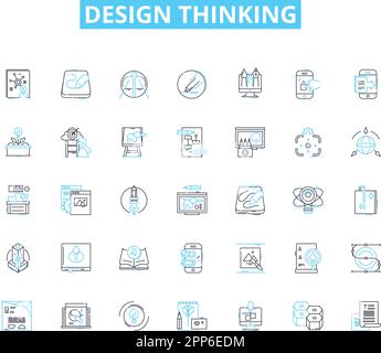 Set di icone lineari progettate pensando al design. Ideazione, prototipazione, empatia, iterazione, soluzioni, Approfondimenti, vettore di linea centrato sull'utente e segnali concettuali Illustrazione Vettoriale