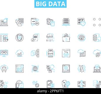 Set di icone lineari per big data. Analytics, Insights, Volume, velocità, varietà, Cloud, vettore di linee macchina e segnaletica concettuale. Apprendimento, previsione, analisi Illustrazione Vettoriale