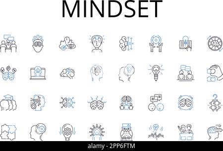 Collezione di icone linea mindset. Atteggiamento, prospettiva, Outlook, Filosofia, sistema di credenze, Mentalità, vettore Worldview e illustrazione lineare Illustrazione Vettoriale