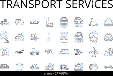 Raccolta icone linea servizi di trasporto. Opzioni di consegna, soluzioni di transito, metodi di spedizione, metodi di pendolarismo, servizi logistici, Trasporto Illustrazione Vettoriale