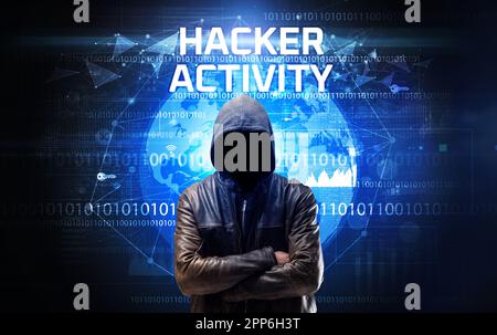 Hacker senza volto al lavoro, concetto di sicurezza Foto Stock