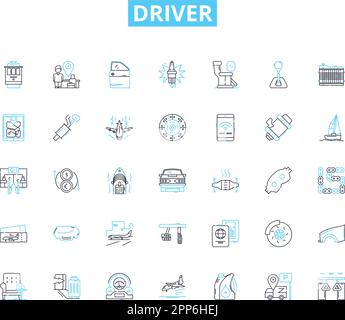 Icone lineari driver impostate. Pedale, sterzo, licenza, cambio, veicolo, Segnali di accelerazione, vettoriali e concettuali della linea di frenata. Strada, autostrada, profilo del traffico Illustrazione Vettoriale