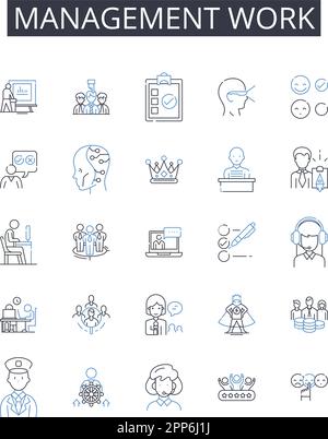 Raccolta di icone della linea di lavoro di gestione. Coordinamento collaborazione, supervisione, delega, governance amministrativa, direzione Illustrazione Vettoriale