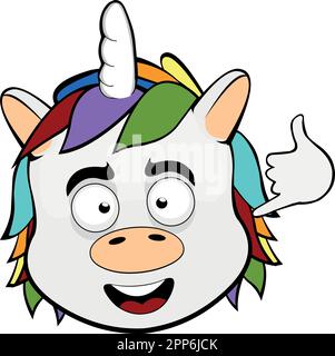 vettore illustrazione faccia unicorno cartone animato felice, facendo una chiamata me per telefono o agitare gesto con la sua mano Illustrazione Vettoriale