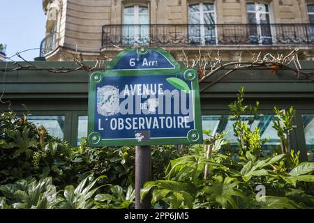 Cartello stradale Avenue de l'Observatoire tra le foglie verdi di Parigi, Francia. Foto Stock